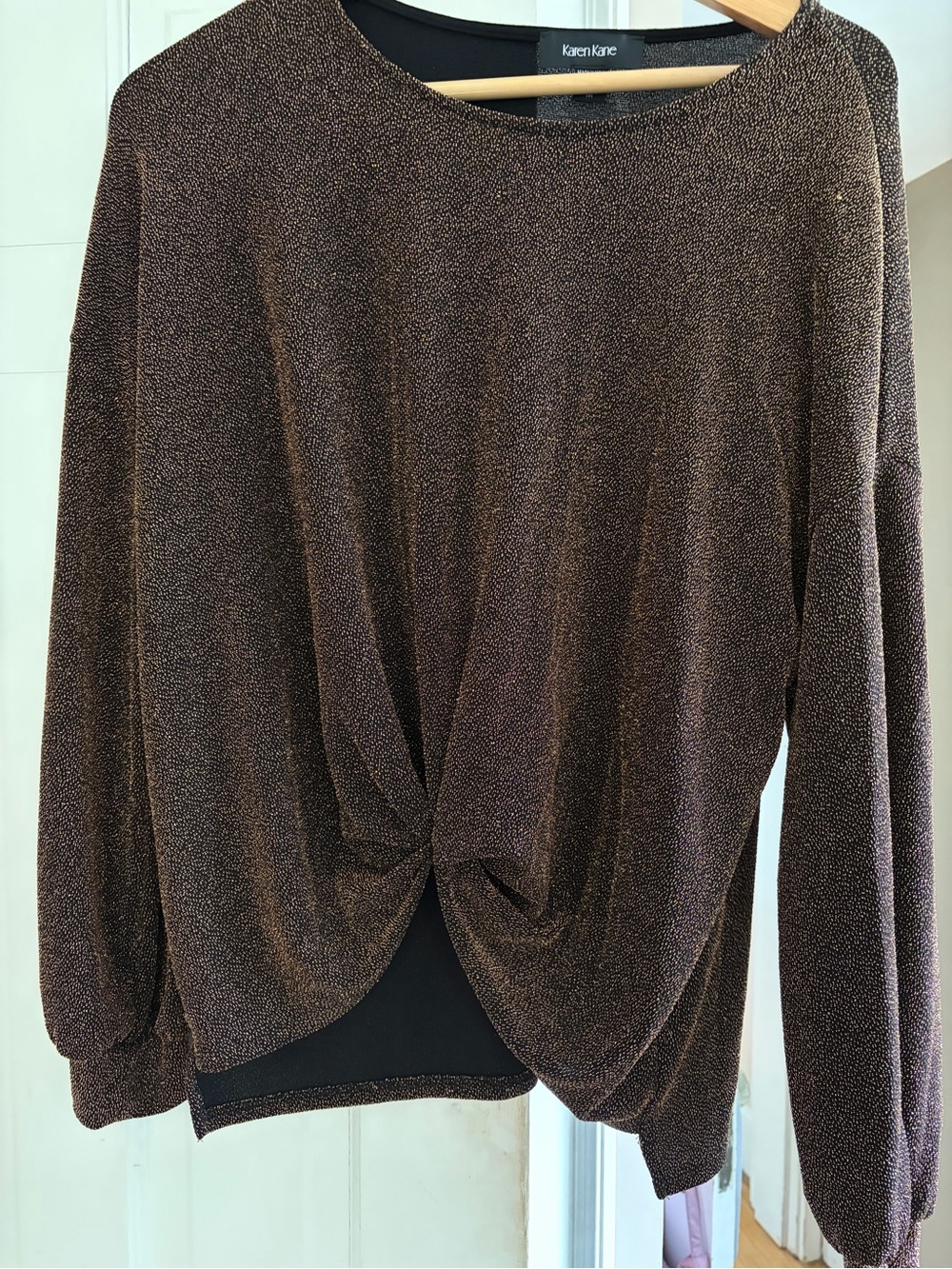 Karen Kane Black and Bronze Metallic Twist-Detail Top